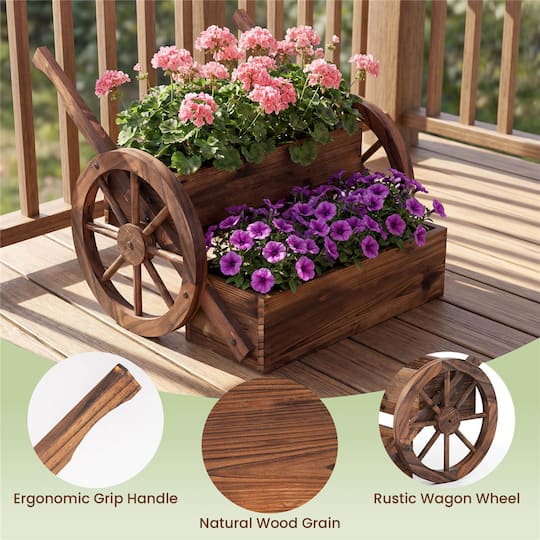 Costway 2-Tier Rustic Wood Wagon Planter with Wheels Handles & Drainage